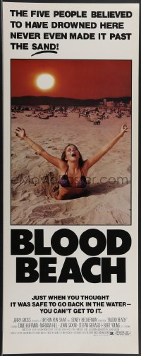 3m1074 BLOOD BEACH insert 1981 Jaws parody tagline, image of sexy girl in bikini sinking in sand!