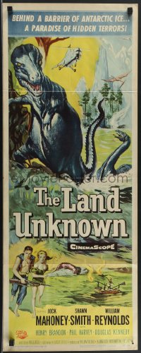 3m1102 LAND UNKNOWN insert 1957 a paradise of hidden terrors, great art of dinosaurs!