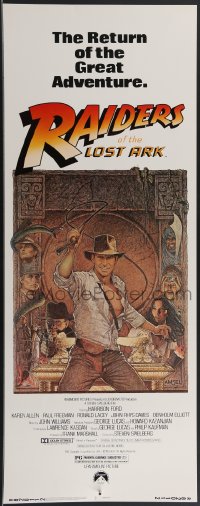 3m1109 RAIDERS OF THE LOST ARK insert R1982 great art of adventurer Harrison Ford by Richard Amsel!