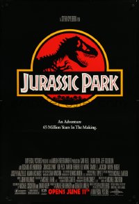 3m0876 JURASSIC PARK advance 1sh 1993 Steven Spielberg, classic logo with T-Rex over red background