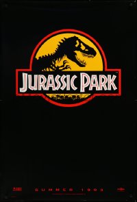 3m0877 JURASSIC PARK teaser 1sh 1993 Steven Spielberg, classic logo with T-Rex over yellow background