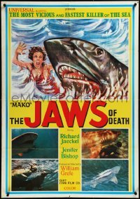 3m0192 JAWS OF DEATH Lebanese 1976 artwork image of giant shark underwater w/ terrified sexy woman!