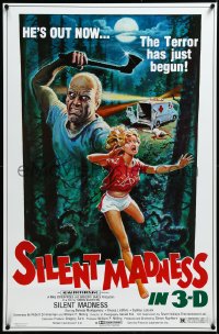 3m0978 SILENT MADNESS 1sh 1984 3D psycho, cool horror art, he's out now & the terror has just begun!