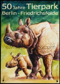 3m0128 TIERPARK BERLIN 24x33 German special poster 2005 art of Indian rhinos by Reiner Zieger!