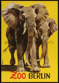 3m0138 ZOO BERLIN 17x23 German special poster 1950s wonderful art of two elephants!