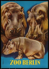 3m0139 ZOO BERLIN 17x23 German special poster 1950s wonderful art of baby hippo with adults!