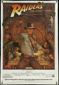 3m0724 RAIDERS OF THE LOST ARK half subway R1982 art of adventurer Harrison Ford by Richard Amsel!