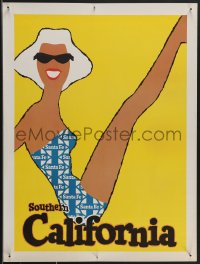3m0060 SANTA FE SOUTHERN CALIFORNIA 18x24 travel poster 1950s art of woman in swimsuit & sunglasses