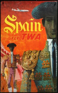 3m0066 TWA SPAIN 25x40 travel poster 1960s David Klein art of Spanish matadors in arena!