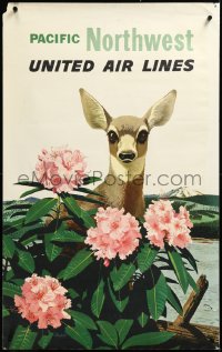 3m0067 UNITED AIR LINES PACIFIC NORTHWEST 25x40 travel poster 1960s Stan Galli art of cute deer!