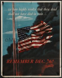 3m0033 REMEMBER DEC. 7TH! 22x28 WWII war poster 1942 tattered half-mast American flag, Saalburg art!