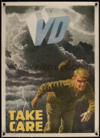 3m0035 TAKE CARE VD 16x23 Australian WWII war poster 1946 soldier escaping venereal disease!