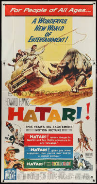 3p0346 HATARI 3sh 1962 Howard Hawks, great Frank McCarthy artwork of John Wayne in Africa!