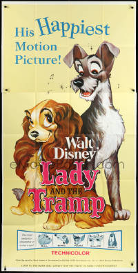 3p0349 LADY & THE TRAMP 3sh R1962 classic cartoon, Disney's happiest motion picture, great dog image!