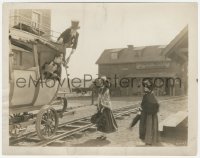 3p2088 OUR HOSPITALITY 8x10.25 still 1923 man on railroad car coach lowers his horn to Buster Keaton!