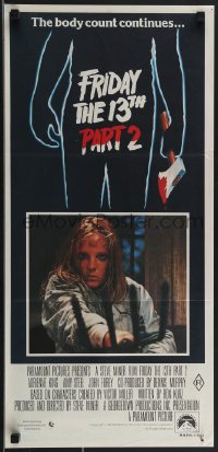 3p0528 FRIDAY THE 13th PART II Aust daybill 1981 Amy Steel with pitchfork in slasher horror sequel!