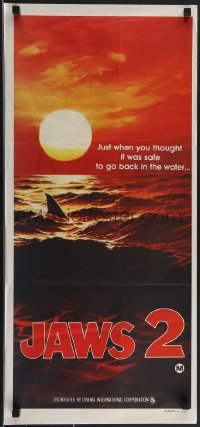 3p0554 JAWS 2 teaser Aust daybill 1978 classic art of man-eating shark's fin in red water at sunset!