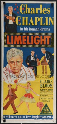 3p0563 LIMELIGHT Aust daybill 1952 artwork of aging Charlie Chaplin & pretty young Claire Bloom!