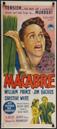 3p0570 MACABRE Aust daybill 1958 William Castle, art of terrified woman by Richardson Studio!