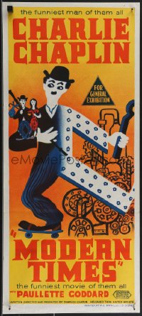 3p0574 MODERN TIMES Aust daybill R1950s cool different art of the funniest man Charlie Chaplin!