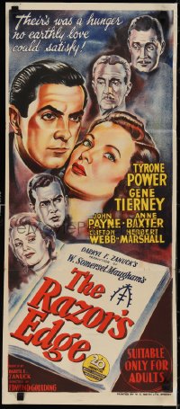 3p0591 RAZOR'S EDGE Aust daybill 1947 Tyrone Power, Gene Tierney, W. Somerset Maugham, ultra rare!