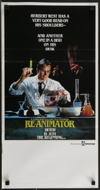 3p0592 RE-ANIMATOR Aust daybill 1986 image of mad scientist Jeffrey Combs with severed head in bowl!