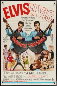 3p0699 DOUBLE TROUBLE 1sh 1967 cool mirror image of rockin' Elvis Presley playing guitar!