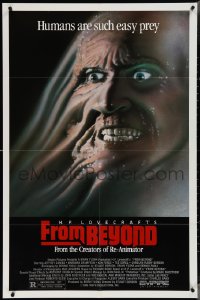 3p0740 FROM BEYOND 1sh 1986 H.P. Lovecraft, wild sci-fi horror image, humans are such easy prey!