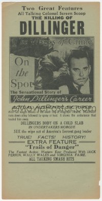 3p1595 KILLING OF DILLINGER/TRAILS OF DANGER herald 1934 all talking colossal screen scoop!