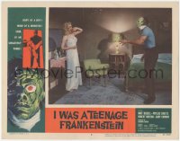 3p1209 I WAS A TEENAGE FRANKENSTEIN LC #8 1957 screaming blonde girl in nightie with the monster!