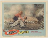 3p1221 INVISIBLE INVADERS LC #8 1959 pretty Jean Byron helps fallen John Agar on the ground!