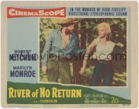 3p1291 RIVER OF NO RETURN LC #4 1954 tough cowboy Murvyn Vye grabs sexiest Marilyn Monroe by the arm!