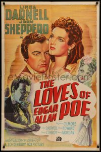 3p0806 LOVES OF EDGAR ALLAN POE 1sh 1942 Linda Darnell, Shepperd Strudwick as Poe, really cool art!