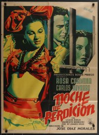 3p0251 NOCHE DE PERDICION Mexican poster 1951 Renau art of super Rosa Carmina with guy behind bars!