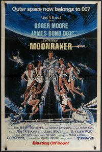 3p0822 MOONRAKER advance 1sh 1979 Goozee art of Moore as James Bond & sexy girls, blasting off soon!