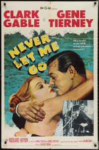 3p0831 NEVER LET ME GO 1sh 1953 romantic close up artwork of Clark Gable & sexy Gene Tierney!