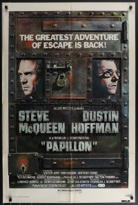 3p0844 PAPILLON 1sh R1977 great art of prisoners Steve McQueen & Dustin Hoffman by Richard Amsel