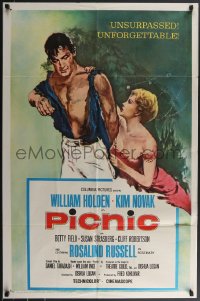 3p0850 PICNIC 1sh R1961 great art of barechested William Holden & very sexy Kim Novak w/ short hair!