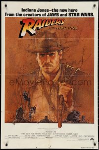 3p0858 RAIDERS OF THE LOST ARK int'l 1sh 1981 Richard Amsel art of Harrison Ford, Steven Spielberg!