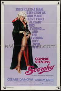 3p0876 SCORCHY 1sh 1976 full-length art of sexiest barely-dressed Connie Stevens in black cape!