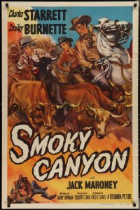 3p0924 SMOKY CANYON 1sh 1951 art of Charles Starrett & Smiley Burnette herding cattle!