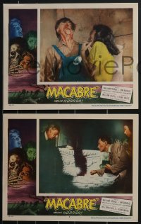 3p1450 MACABRE 8 LCs 1958 William Castle, border art of skeleton & screaming women in graveyard!