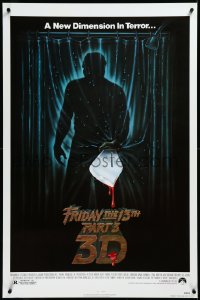 3r0754 FRIDAY THE 13th PART 3 - 3D 1sh 1982 slasher sequel, art of Jason stabbing through shower!