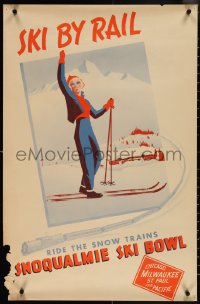 3r0609 SKI BY RAIL 22x34 travel poster 1930s snow trains, smiling woman waving on skis, ultra rare!