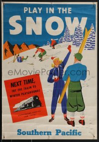 3r0301 SOUTHERN PACIFIC PLAY IN THE SNOW 16x23 railroad poster 1930s skiers on a slope, ultra rare!