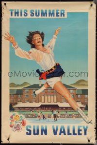 3r0610 SUN VALLEY 26x39 travel poster 1940s woman leaping over summer ice skaters, ultra rare!