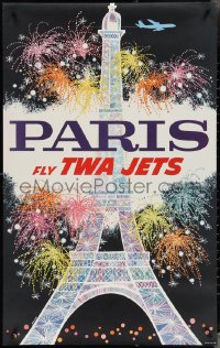 3r0613 TWA PARIS 25x40 travel poster 1960s great David Klein art of Eiffel Tower & fireworks!