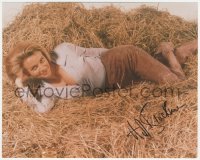 3t1082 HONOR BLACKMAN signed color 8x10 REPRO photo 1990s sexy actress laying on hay from Goldfinger!