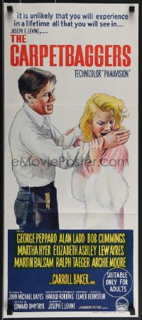 3t0437 CARPETBAGGERS Aust daybill 1964 great art of Carroll Baker biting George Peppard's hand!