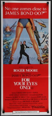 3t0453 FOR YOUR EYES ONLY Aust daybill 1981 Roger Moore as James Bond, art by Brian Bysouth!